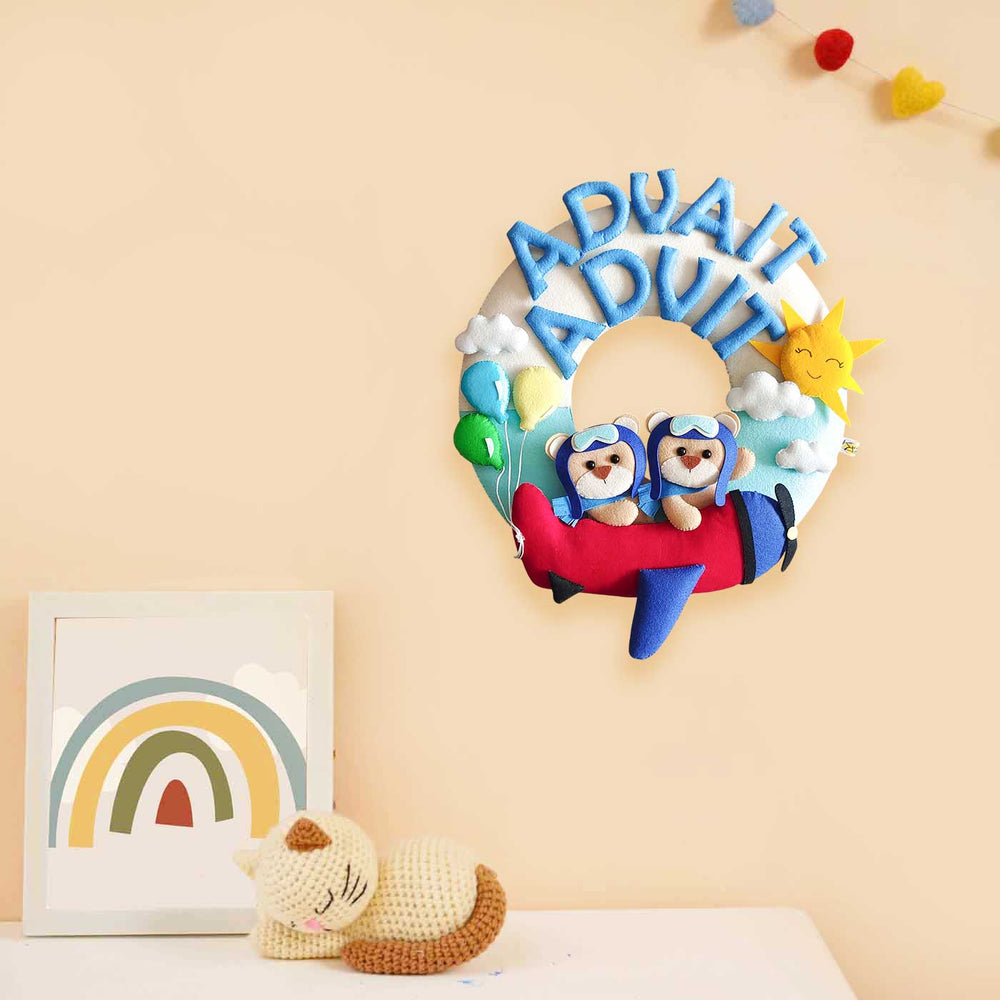 Personalized Teddy On Plane Theme Felt Kids Name Plate For Siblings - Hanging on Wall with Nursery Decor
