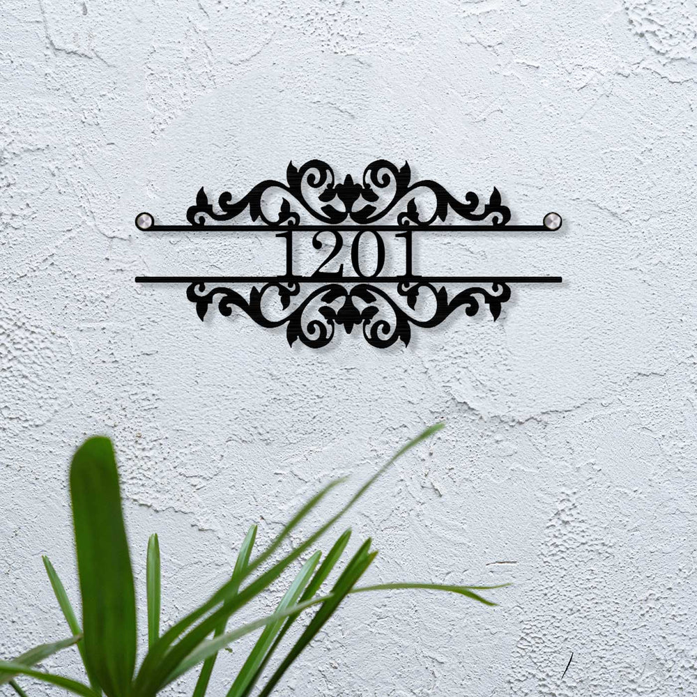 Personalized Laser Cut Ornate Design Steel Name Plate - Mounted on Exterior Wall Close-up