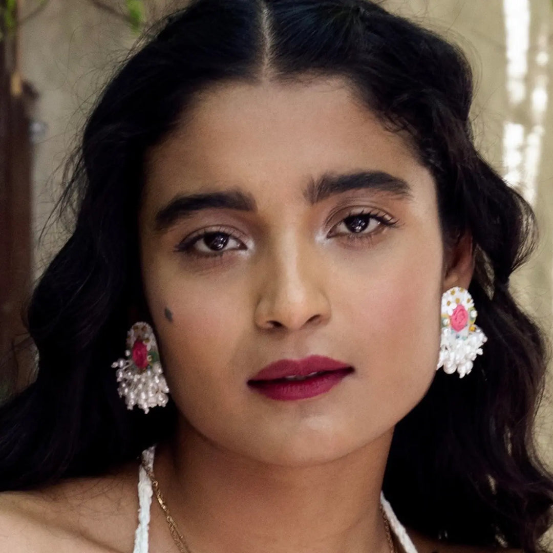 Hand Embroidered Beaded White & Pink Traditional Style Cotton Earrings