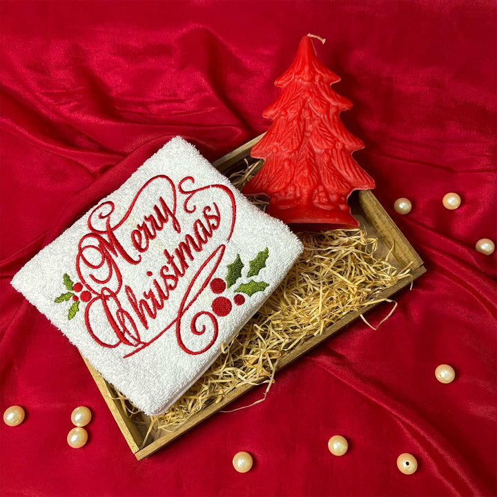 Personalized Merry Christmas Embroidered Towel & Candle Hamper | Secret Santa Gift Ideas | Set Of 3