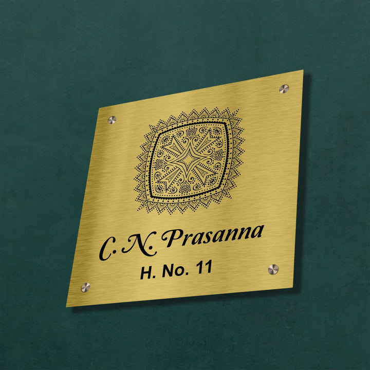 Personalized Weatherproof Ethereal Engraved Gold Stainless Steel Name Plate - Mounted on Wall Close-up