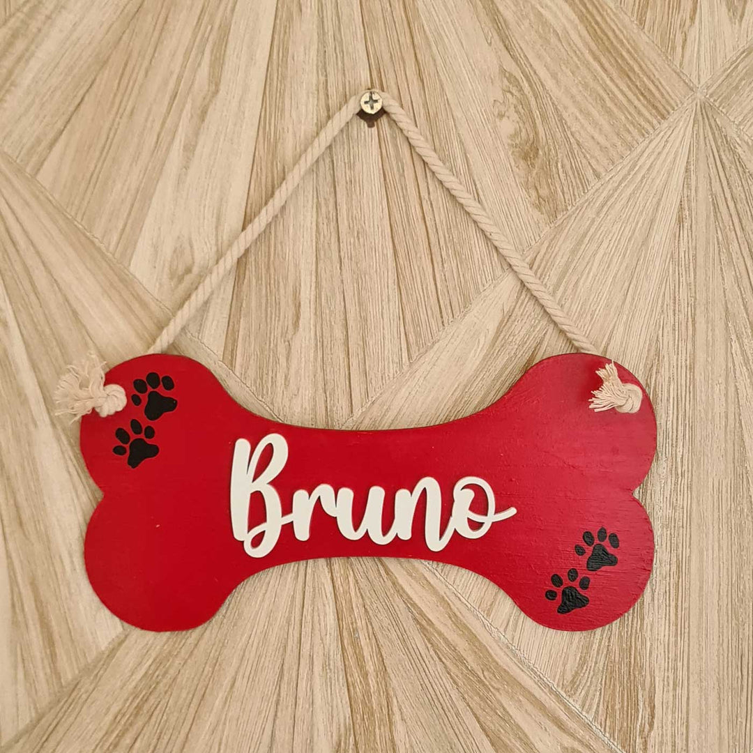 Personalized Red Bone Shaped MDF Wood Name Plate For Pets