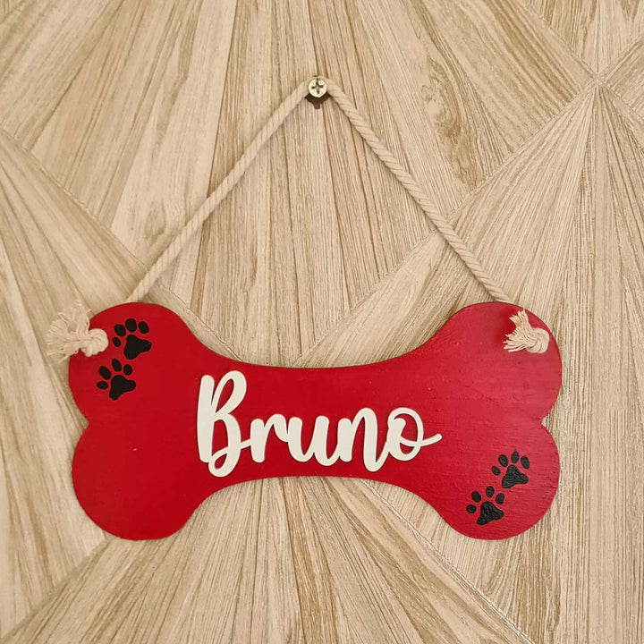 Personalized Red Bone Shaped MDF Wood Name Plate For Pets