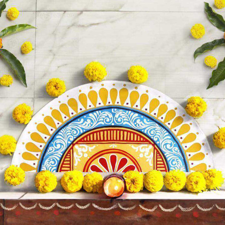 1.8 Ft Foldable Fabric Reusable Rangoli Mat | Handmade Saanjh Semicircle Kolam | Canvas, Anti-skid, Water-resistant