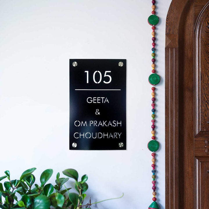 Personalized Sleek Black Acrylic Vertical Name Plate - Mounted on Wall Near Door