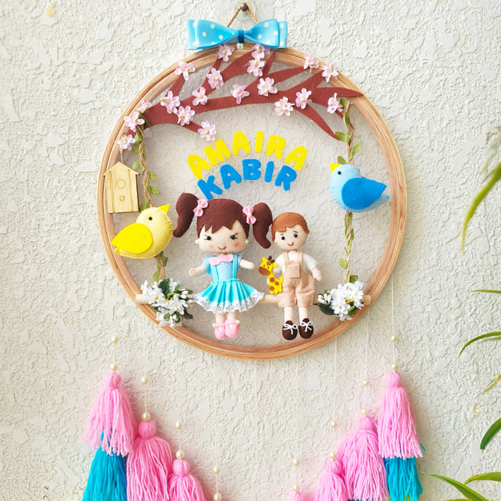 Personalized Spring Blossom Theme Kids Name Plate With Tassels For Siblings
