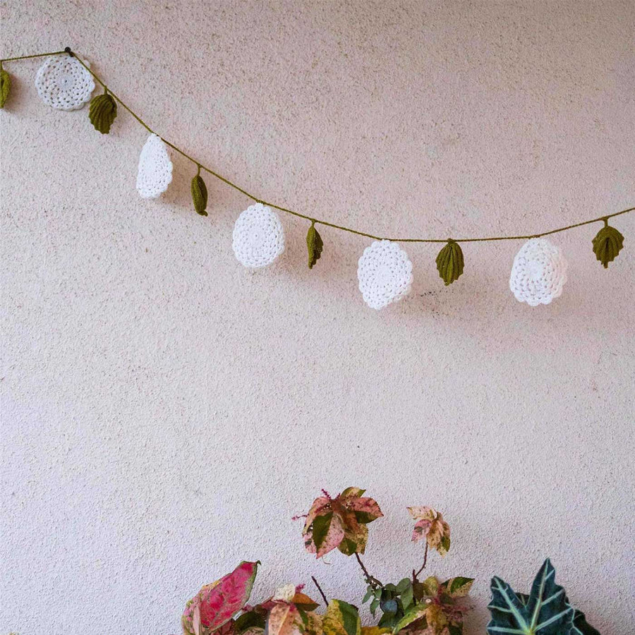 Handmade Crochet White Flower Boho Cotton Bunting - Hanging Decorative Garland Displayed