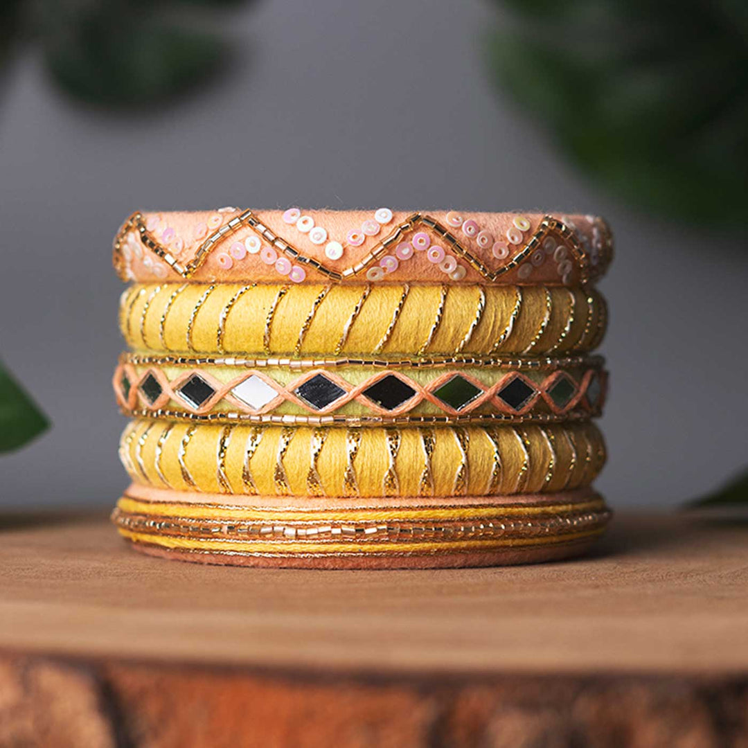 Yellow & Peach Handcrafted Elegant Mirror Work Bangles | Set of 5