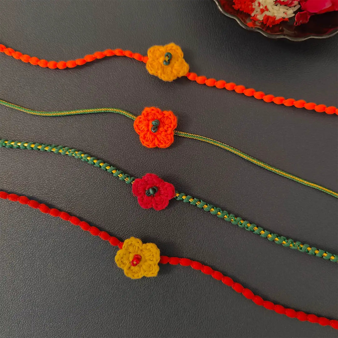 Handmade Crochet Flower Rakhi With Roli Chawal