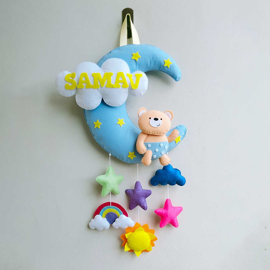 Personalized Teddy On Moon Theme Felt Kids Name Plate - Hanging Display with Name Personalization