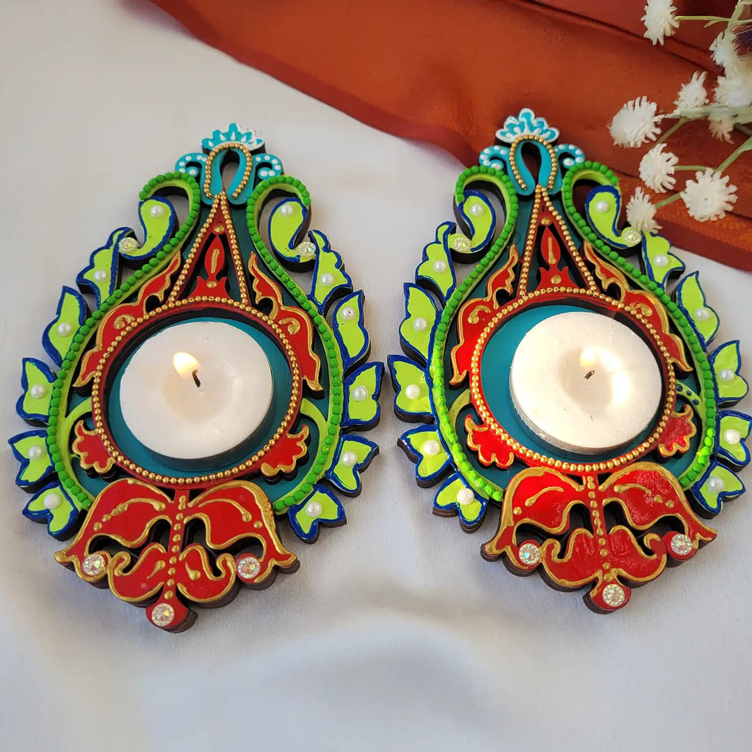 Hand-Painted Red & Green Pushpraag MDF Wood Tealight Holder | Set Of 2