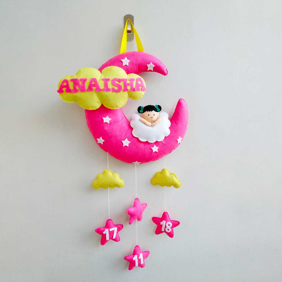 Personalized Moon Theme Felt Kids Name Plate - Hanging on Wall Hook Display
