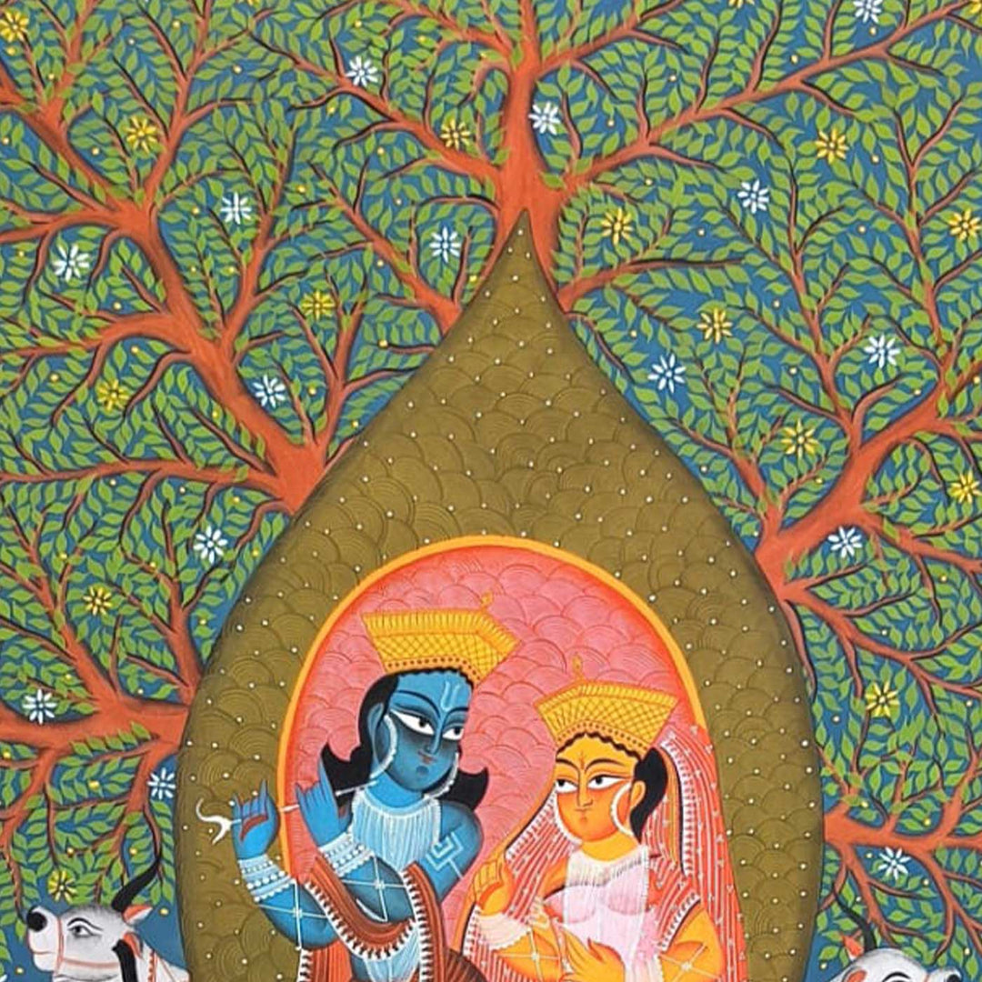 29 x 48 Inch | Radha Krishna On Boat | Original Hand Painted Kalighat Painting | Natural Pigment On Paper