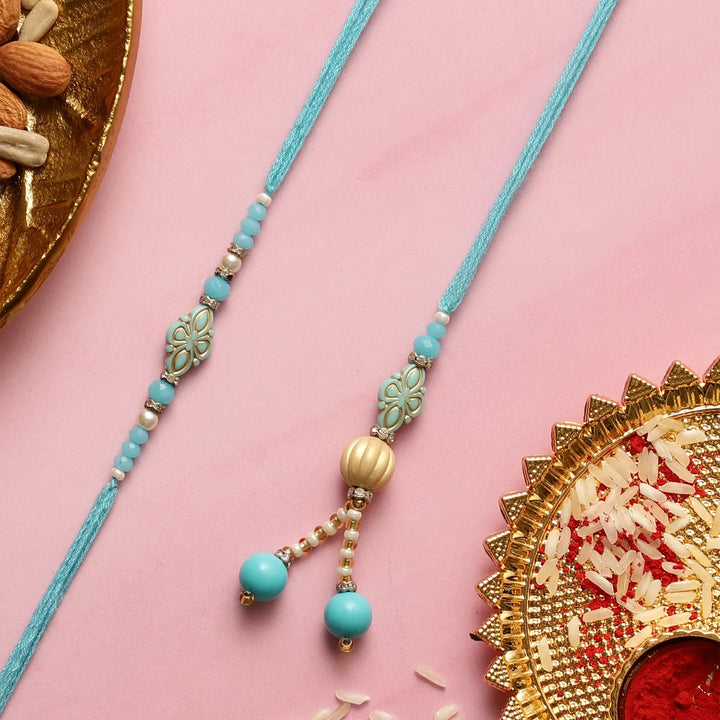 Handmade Beaded Blue Bhaiya Bhabhi Rakhi With Roli Chawal | Set Of 2
