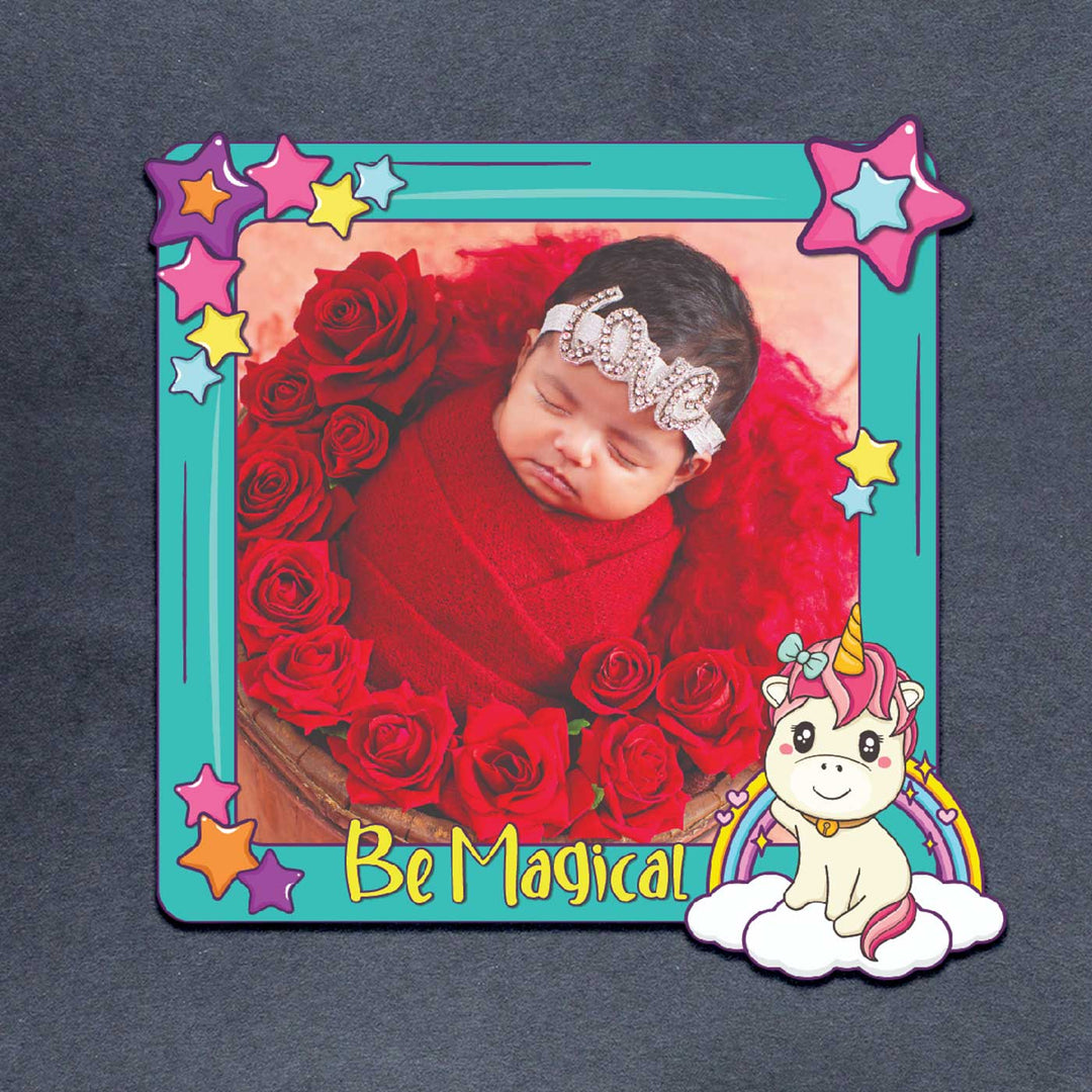 Photo Personalized Pink Unicorn Theme Wooden Fridge Magnet