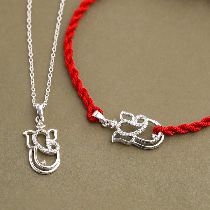 Handmade Ganesha Design Religious Silver Rakhi For Brother - Close-up of pendant and bracelet