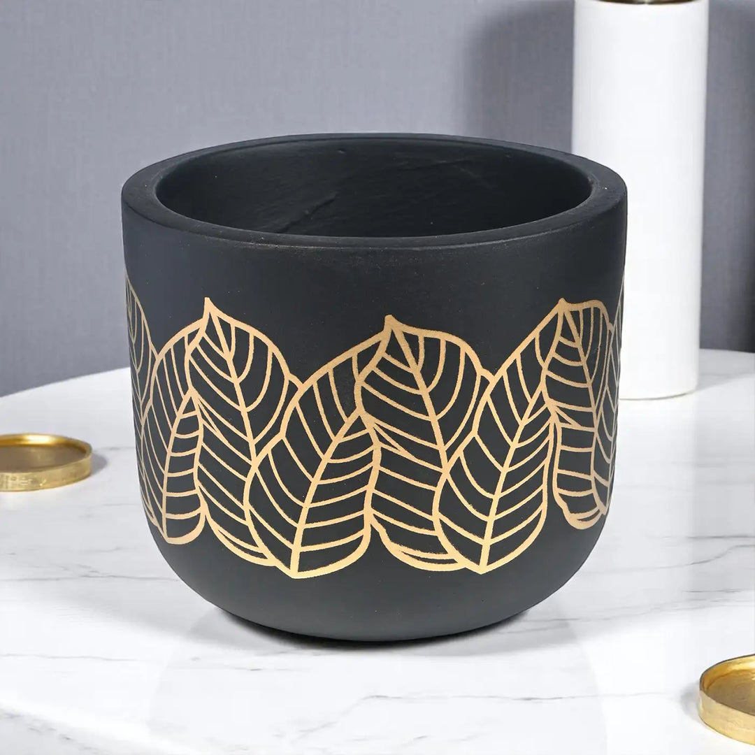 Handmade Black & Golden Leaves Design Terracotta Planter