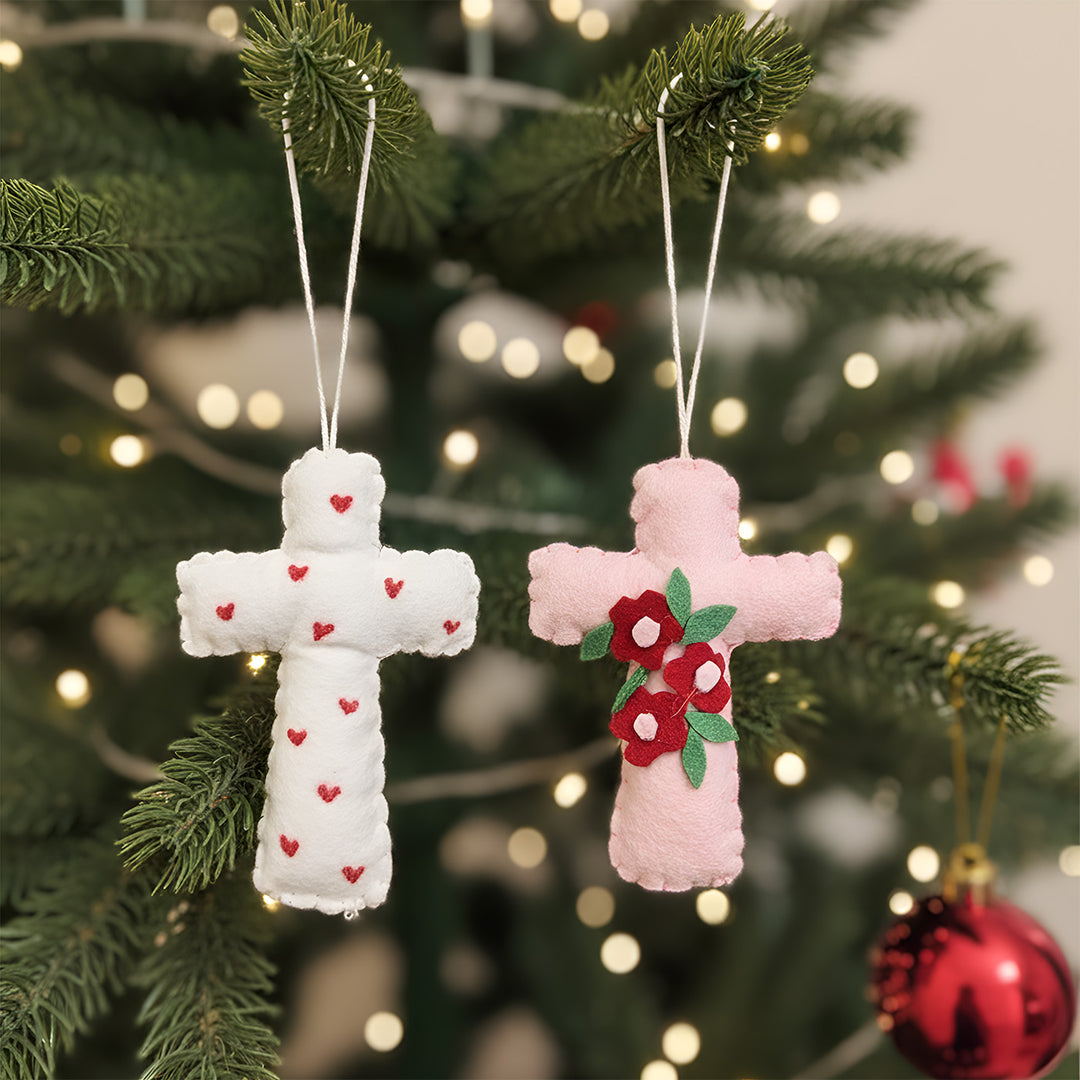 2 Pc | Handmade Pink & White Cross Felt Ornaments For Christmas Tree Decoration