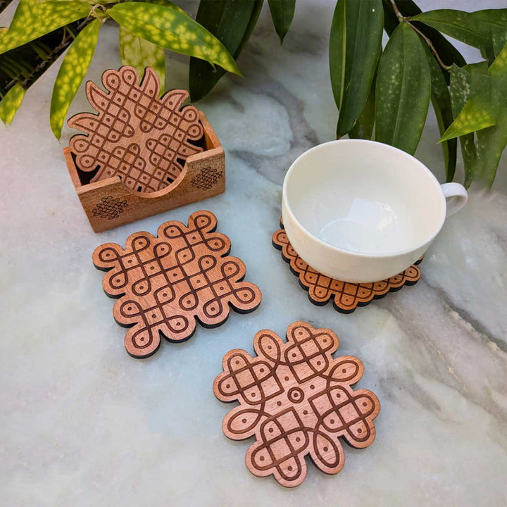 4 pc | Engraved Mahogany Wood Kolam Coasters With Holder For Coffee Table & Dining Decor