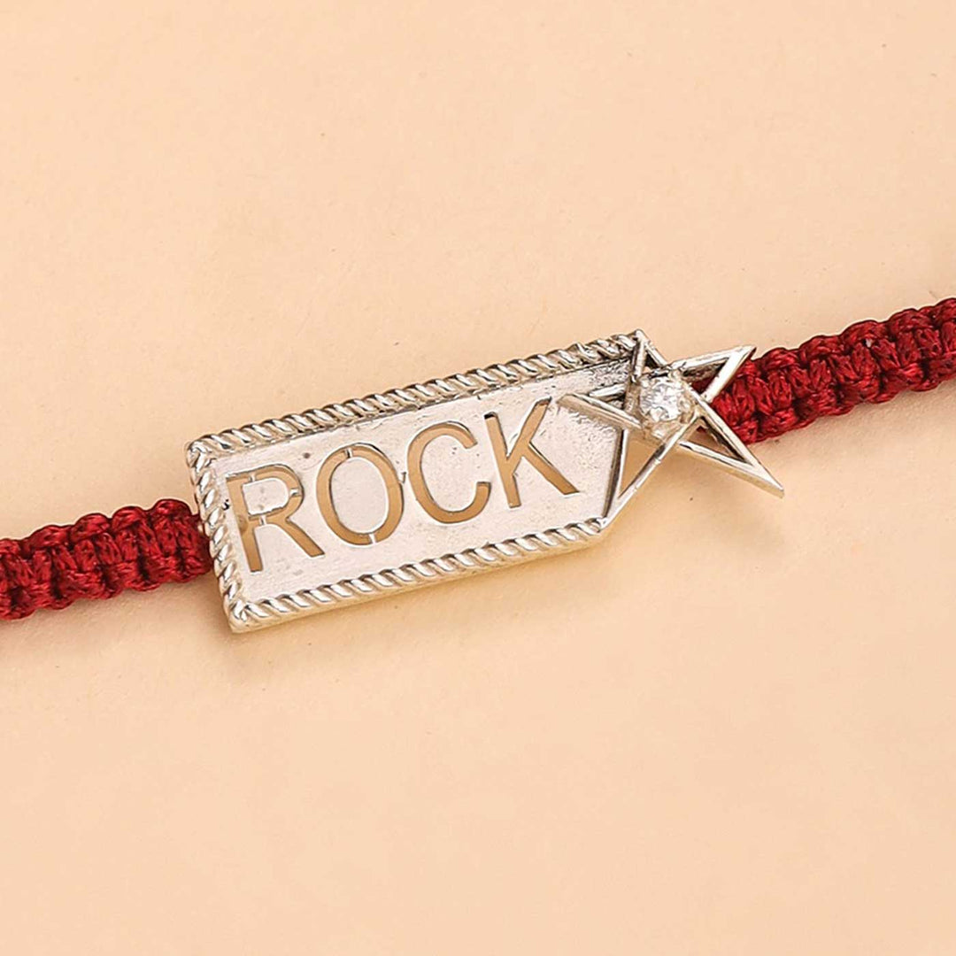 Handmade Rockstar Design Silver Rakhi For Brother - Engraving Close-up