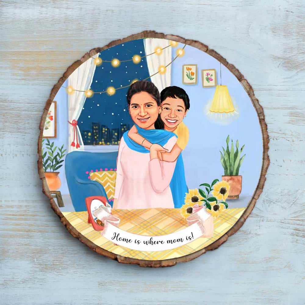 Photo Caricature Bark Nameplate With Stand - Front View of Personalized Wood Art