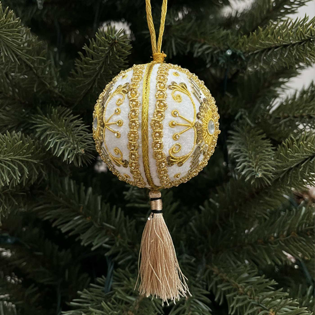 White And Gold Balls Premium Cotton Zardozi Ornament
