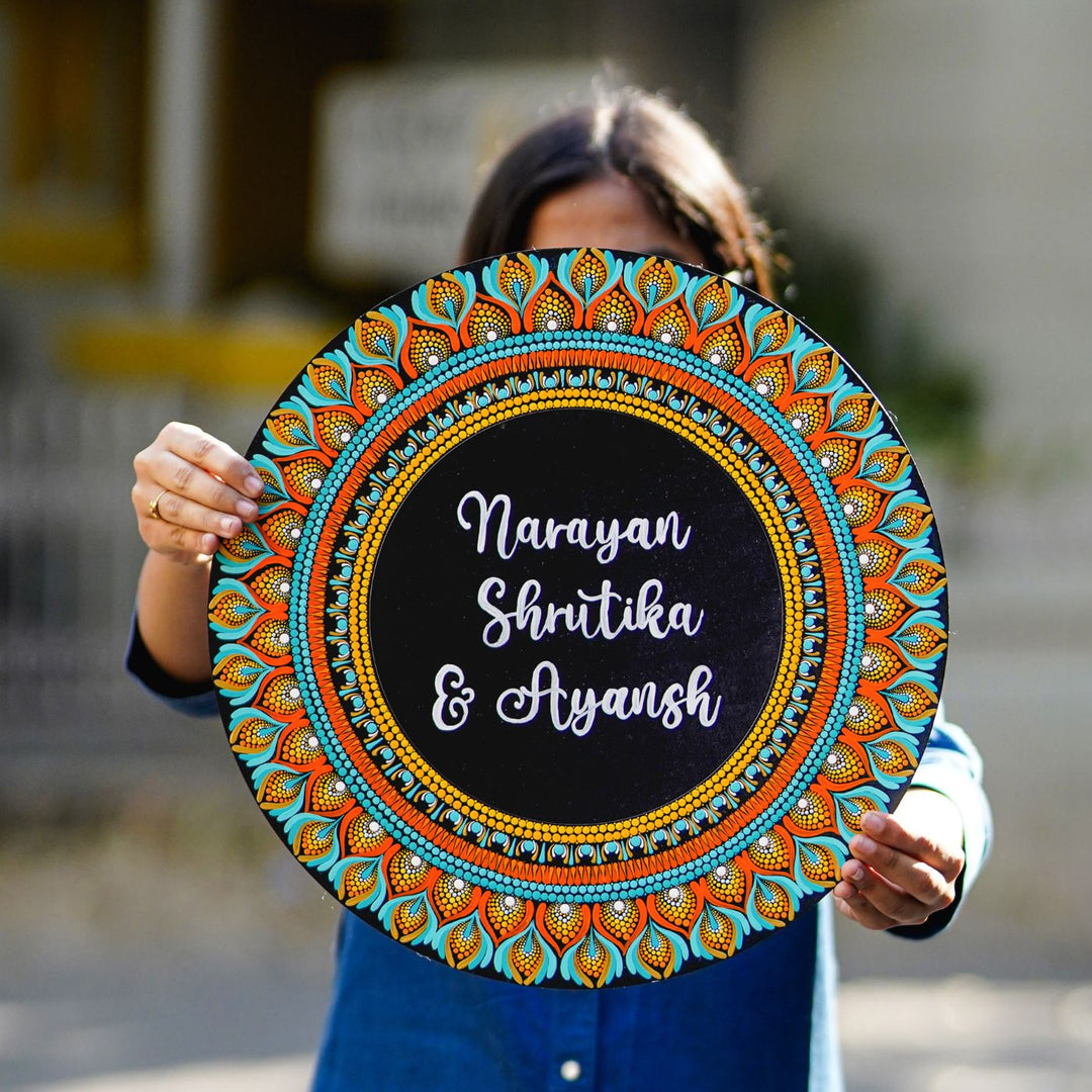 Handcrafted Circular Dot Art Name Plate 3 - Name Personalization Example Front View