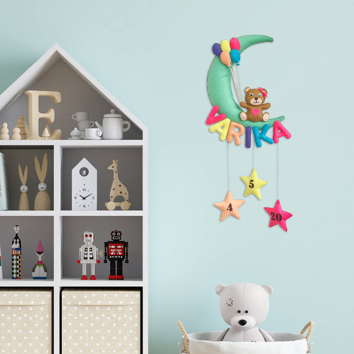 Handmade Teddy On A Moon Kids Felt Name Hanging With Birthdate 2 - Hanging on Wall with Personalization