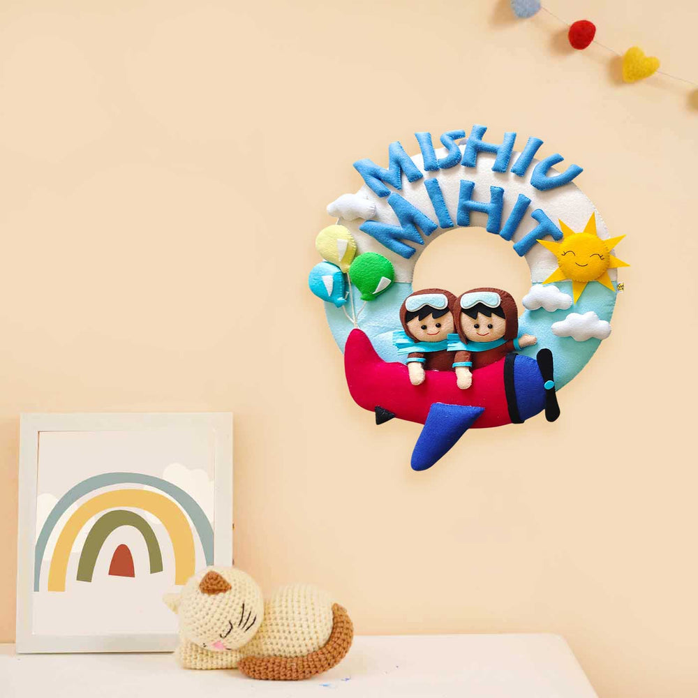 Personalized Plane Theme Felt Kids Name Plate For Siblings - Mounted on Wall with Decorative Items