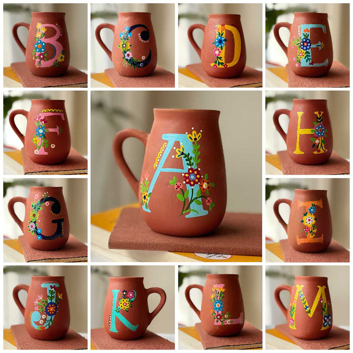 Personalized Hand-painted Floral Theme Monogram Terracotta Mug - Q