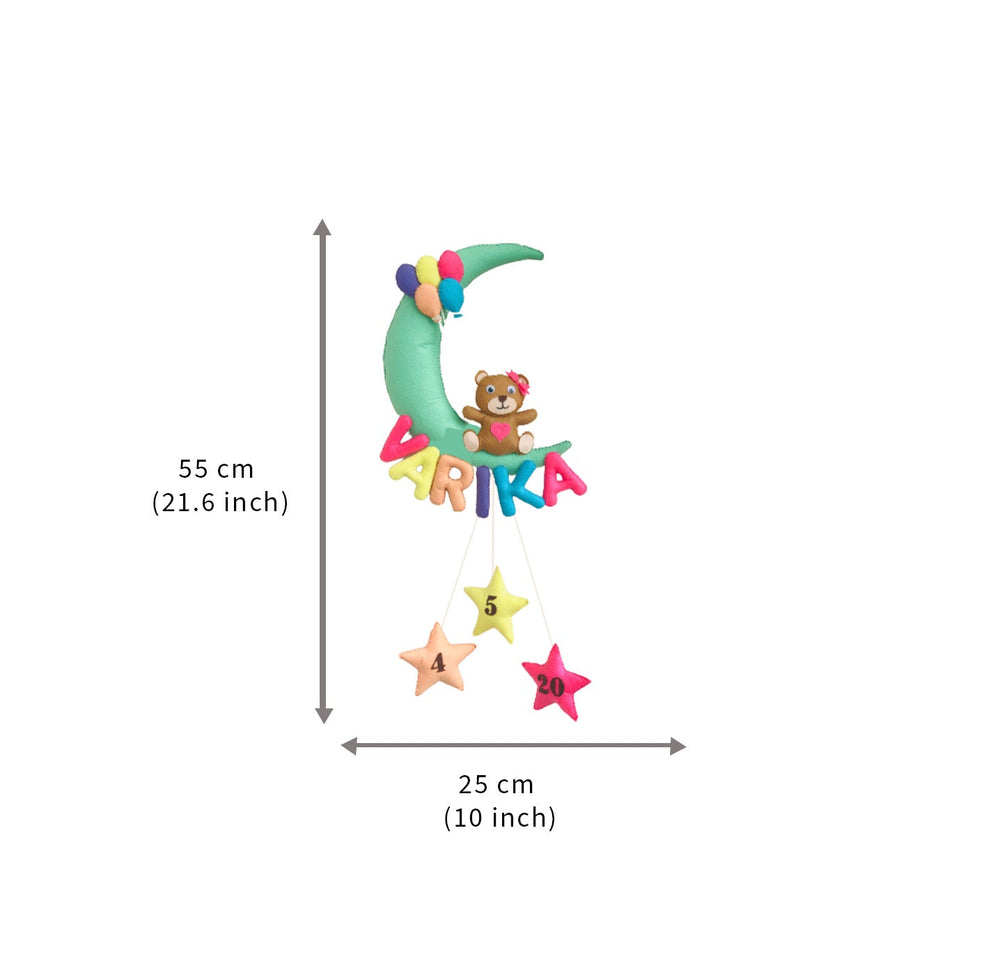 Handmade Teddy On A Star Pattern Moon Kids Felt Name Hanging With Birthdate 1 - Dimension Chart with Height and Width