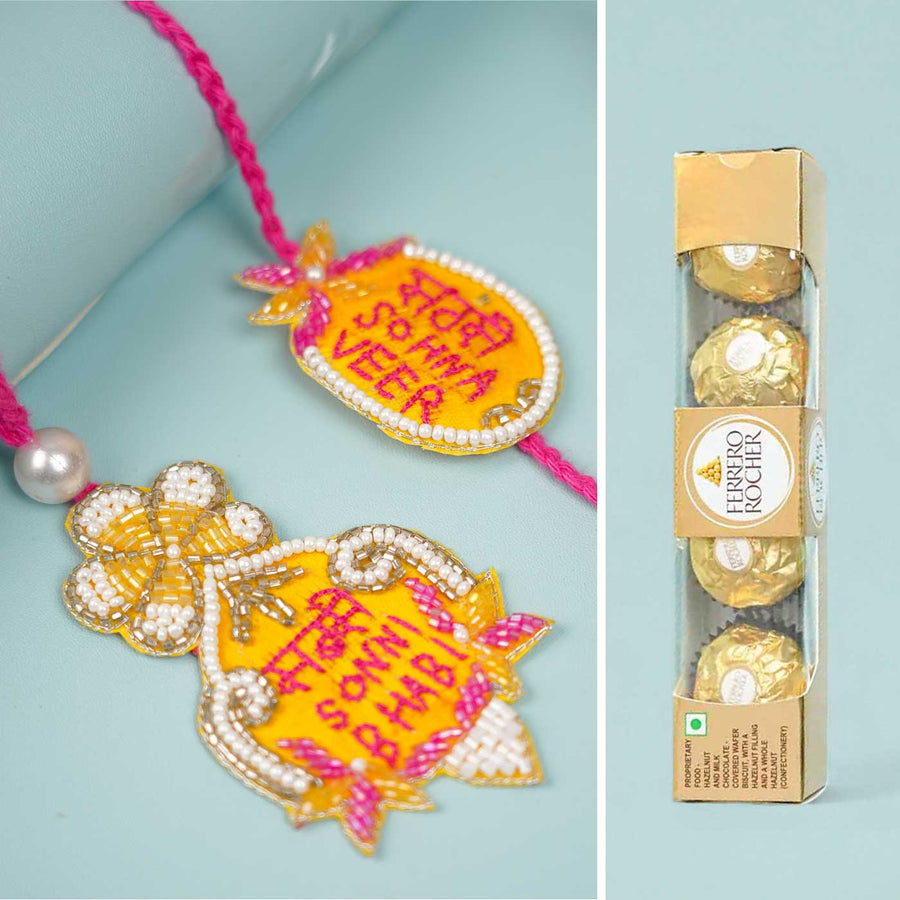 Handmade Beaded Sabse Sona Bhaiya Bhabhi Rakhi With Roli Chawal - Combined Product Set Front View