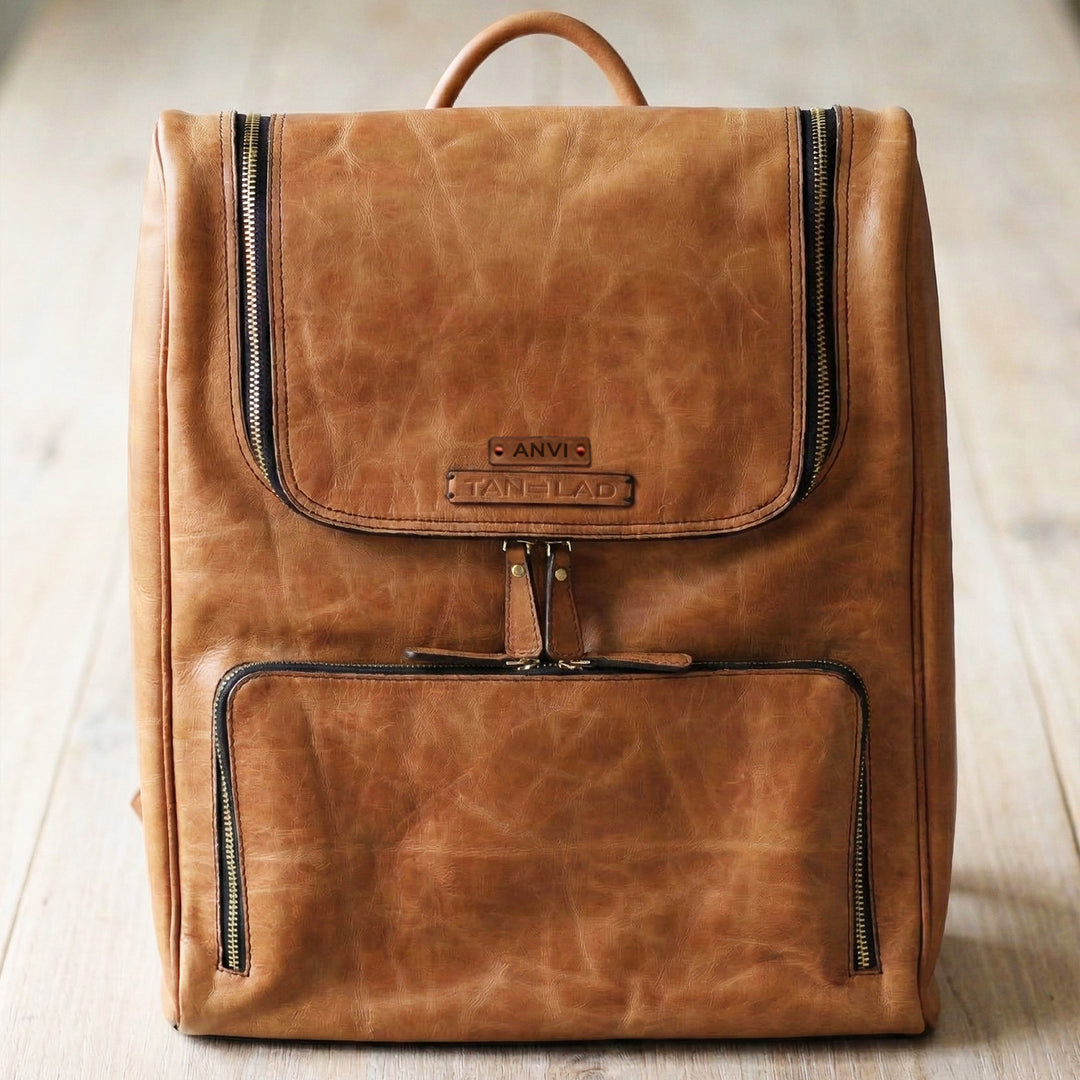 Personalized Honey Brown Phill Leather Backpack