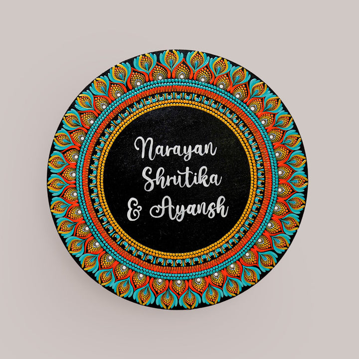 Handcrafted Circular Dot Art Name Plate 3 - Top View with Name Personalization