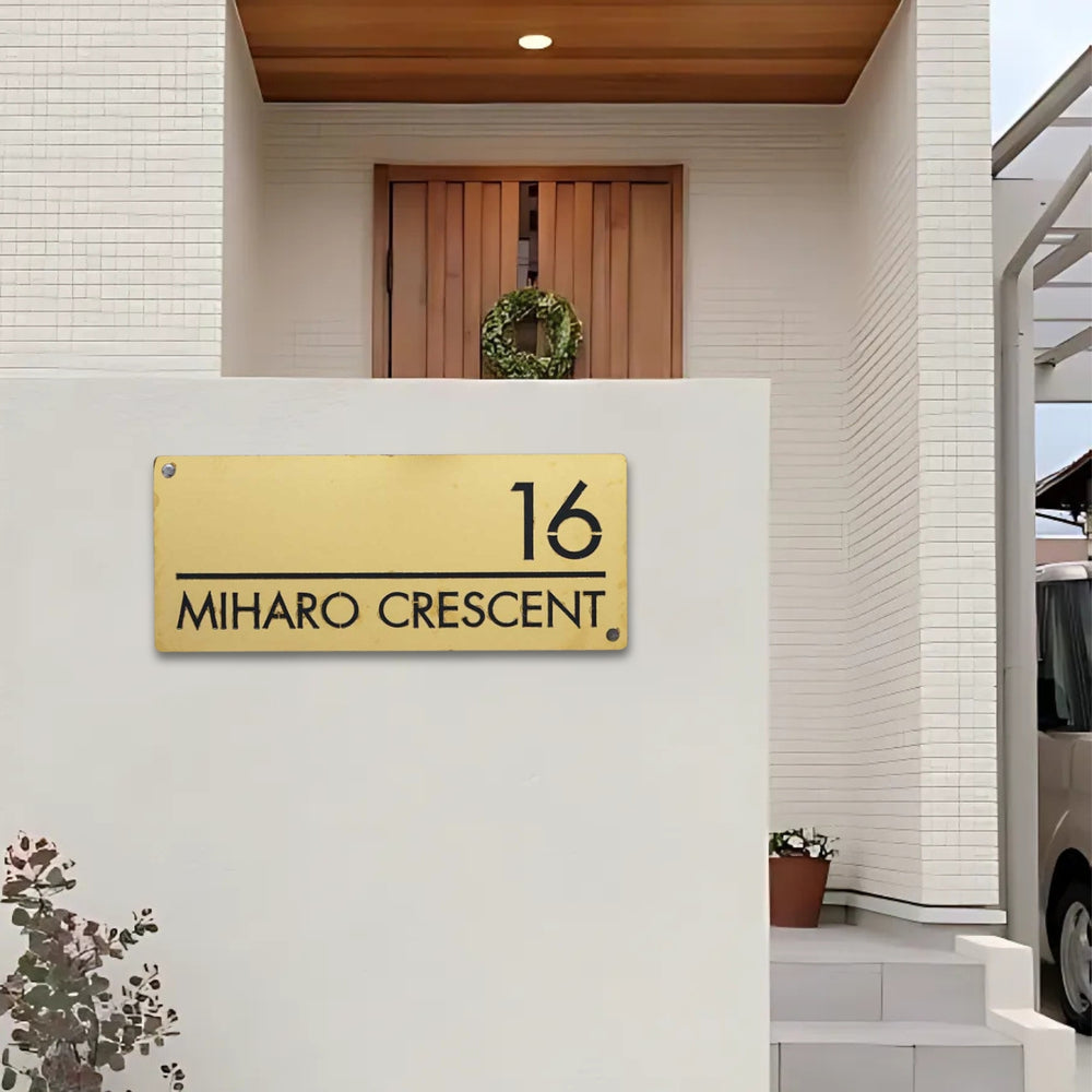 Personalized Weatherproof Rectangle Laser Cut Stainless Steel Name Plate - Mounted on Exterior Wall Near Entrance