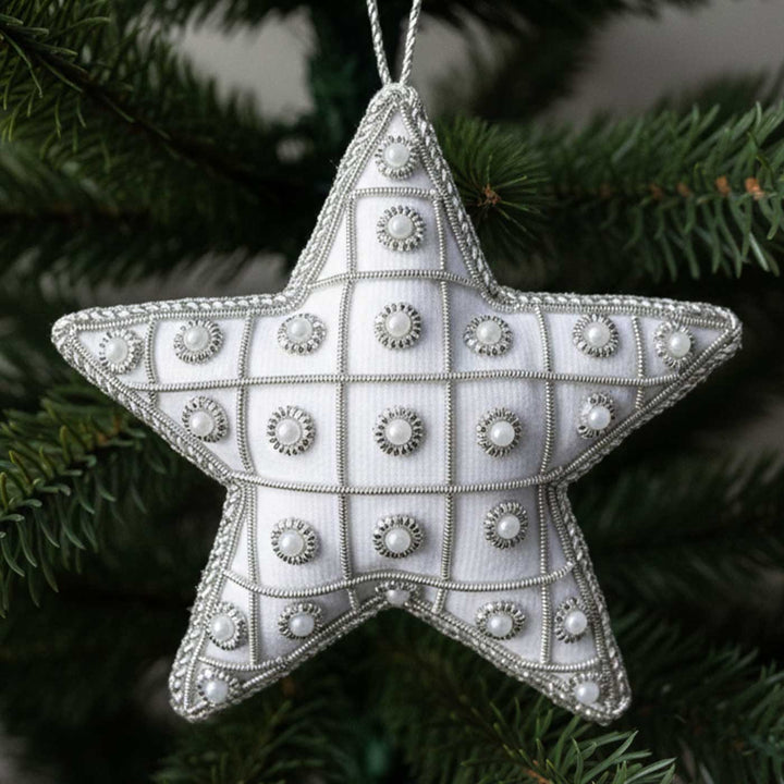 Silver Pearl Star Cotton Premium Zardozi Ornament