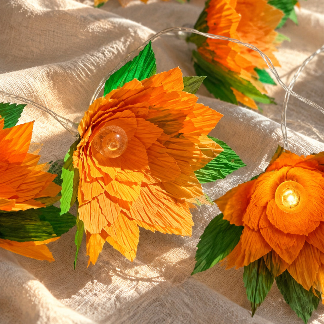 Handmade Phool Jhalar Crepe Paper Flower LED Fairy Light For Festive Decor - Peach & Green