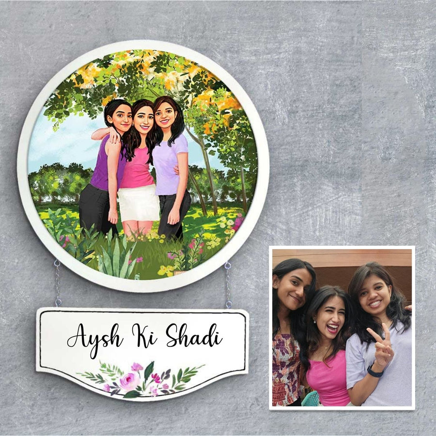 Photo Caricature Hanging Nameplate Small Family 7 - Hanging Sign with Personalized Photo