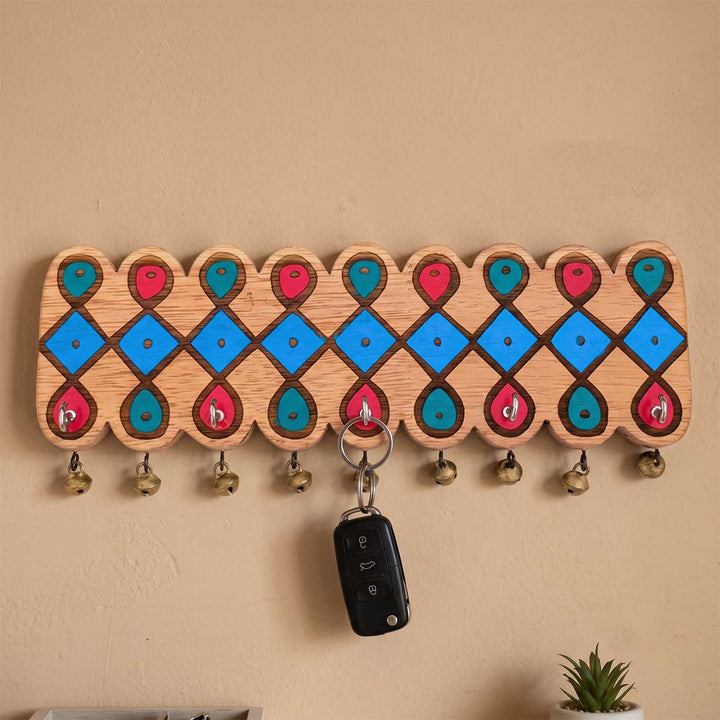 Hand-Painted Diamond Chain Kolam Rubber Wood Wall Key Holder with 5 Hooks and Bells