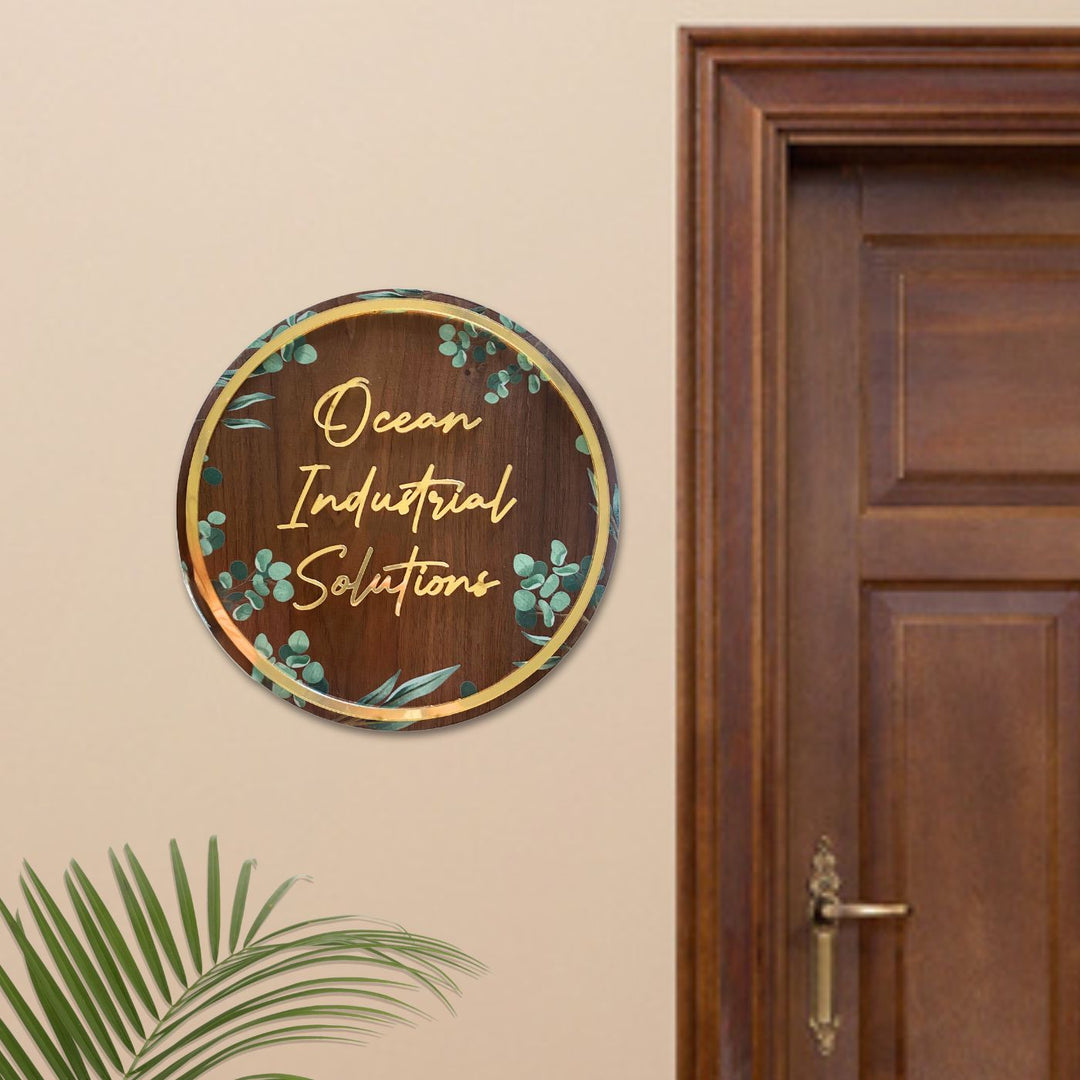 Personalised Wooden Floral Round Nameplate 2 - Mounted on Wall Next to Door