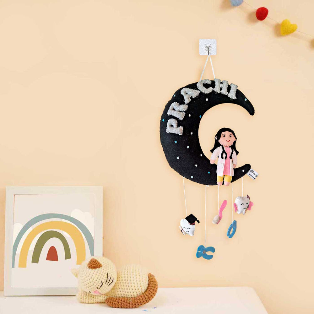 Personalized Doctor On Moon Felt Kids Name Plate For Kids - Hanging on Wall with Name Display