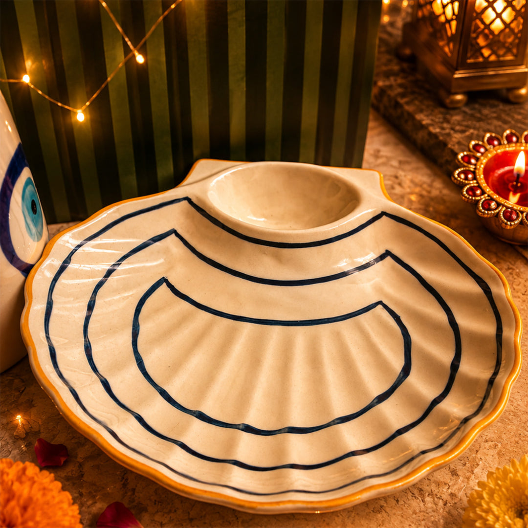 Emerald Nazar Luxe Evil Eye Diwali Gift Hamper With Seashell Platter And Matka Soy Wax Candle For Festive Gifting