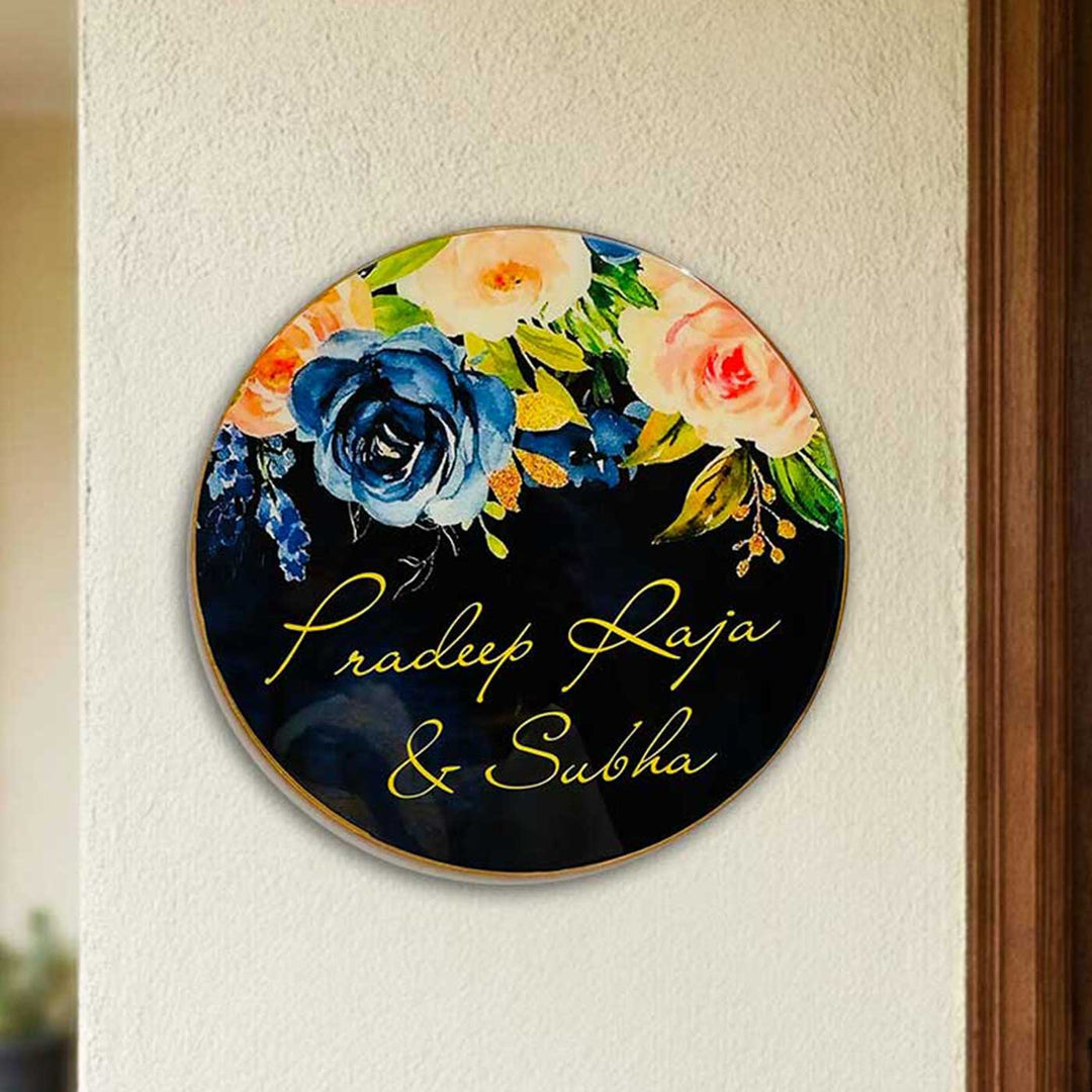 Black Floral Personalized Printed Round Resin Name Plate