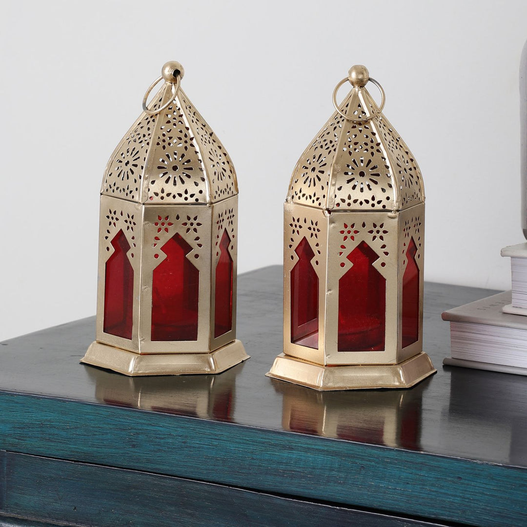 Handmade Red & Gold Morrocan Iron Lantern Tealight Holder | Set Of 2