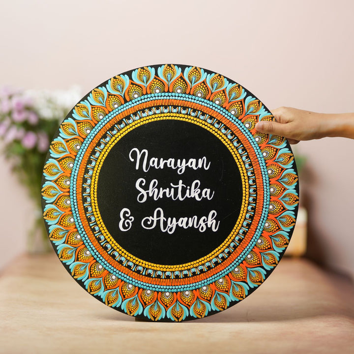 Handcrafted Circular Dot Art Name Plate 3 - Name Personalization Example Held in Hand