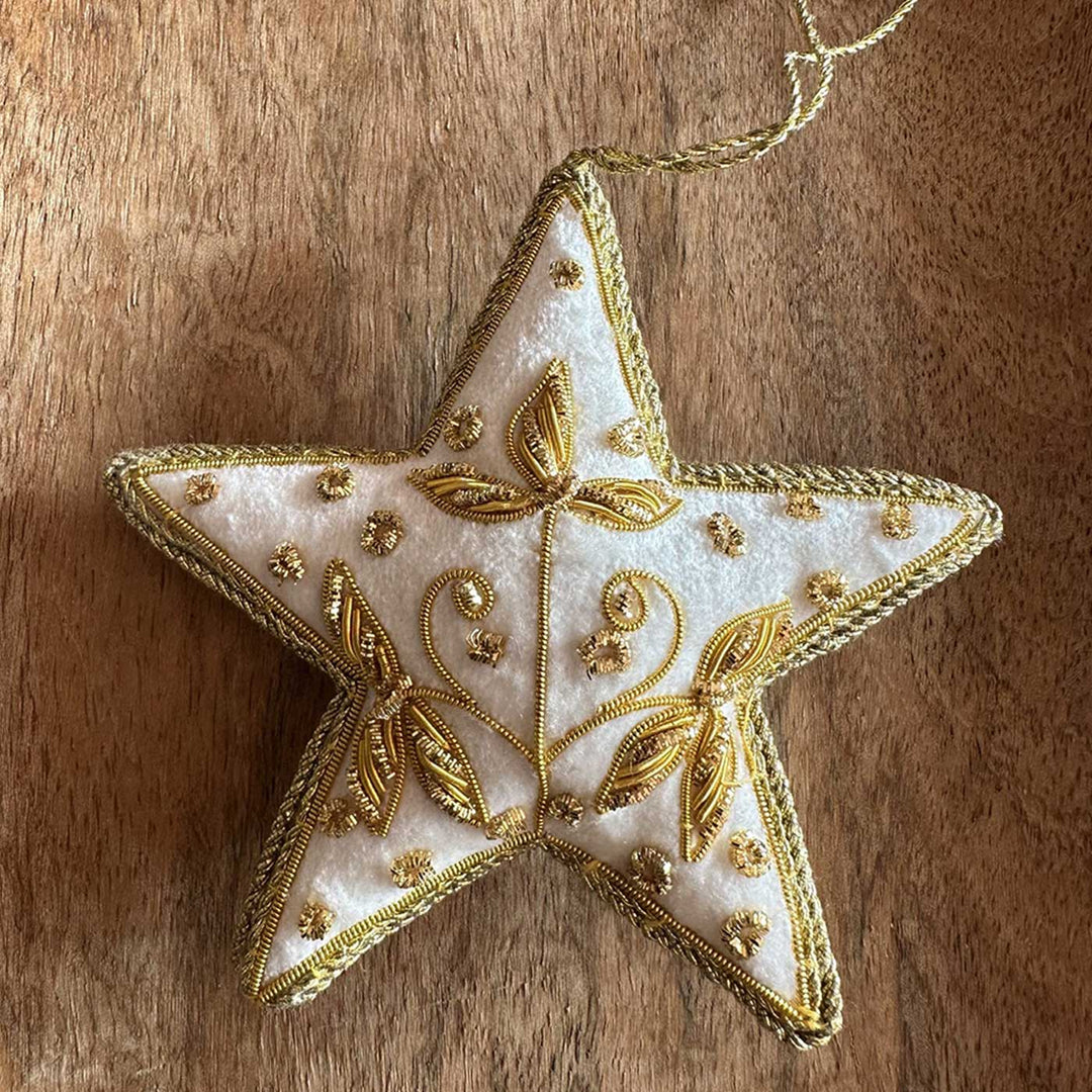 White And Gold Flower Star Cotton Premium Zardozi Ornament