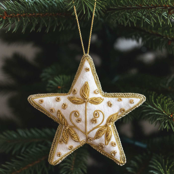 White And Gold Flower Star Cotton Premium Zardozi Ornament