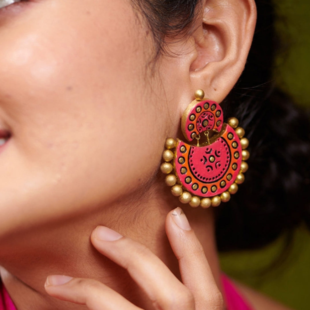 Handmade Polka Pink Chandbali Terracotta Earrings