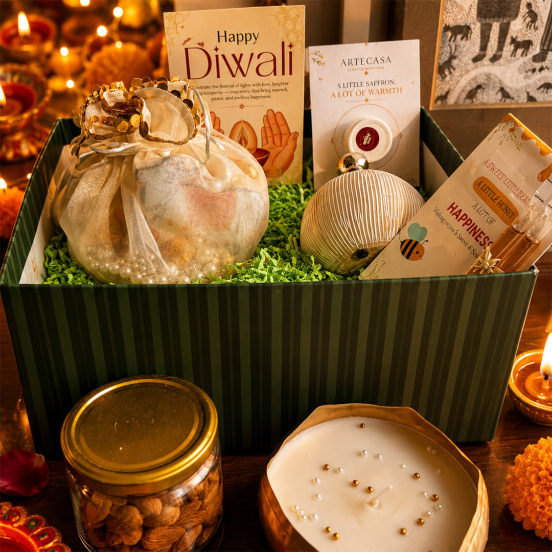 Emerald Festive Harvest Green Diwali Gift Hamper With Toran Potli, Urli Candle And Almonds For Festive Gifting