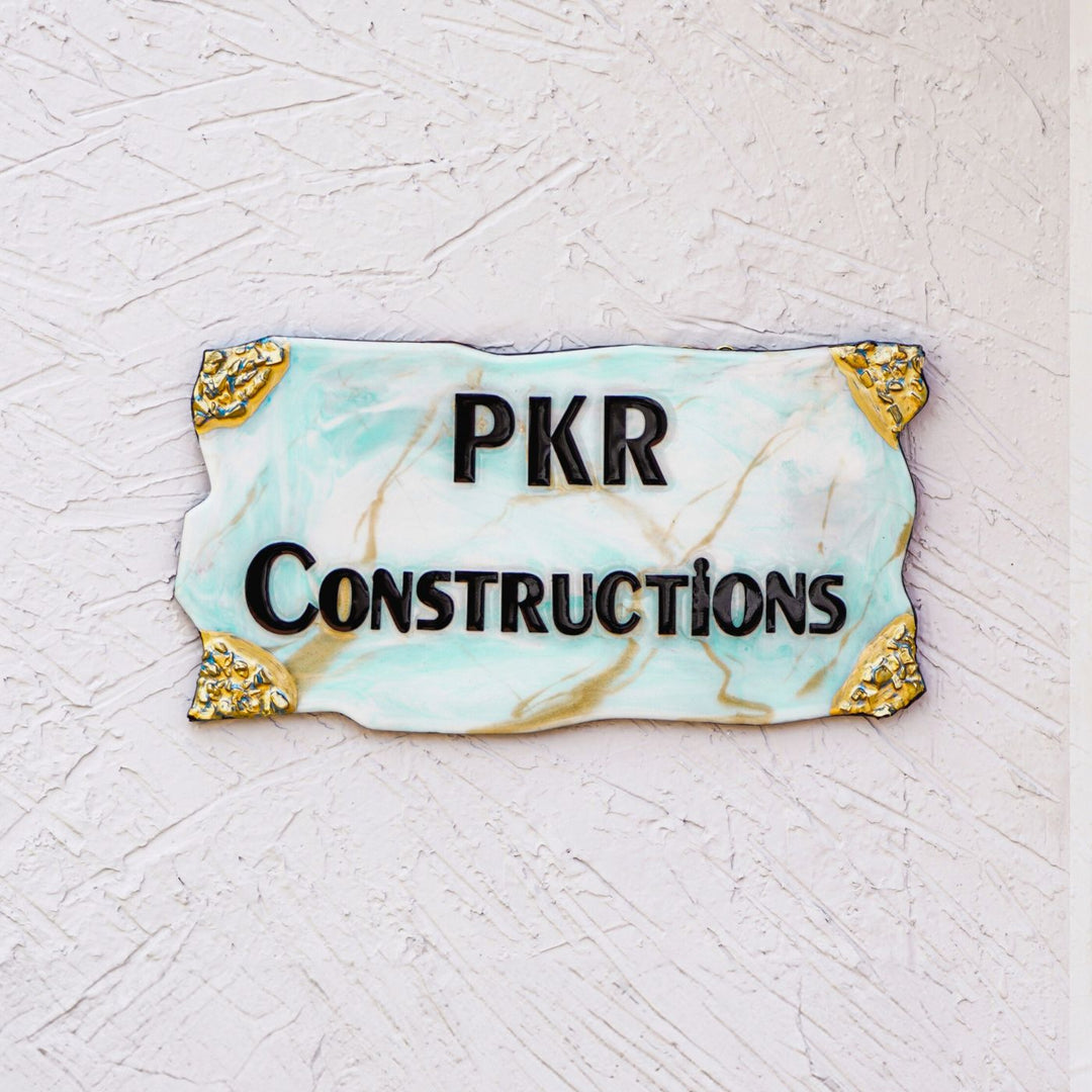 Handmade Resin Blue Gold Rectangle Marbled Name Plate - Mounted on Exterior Wall